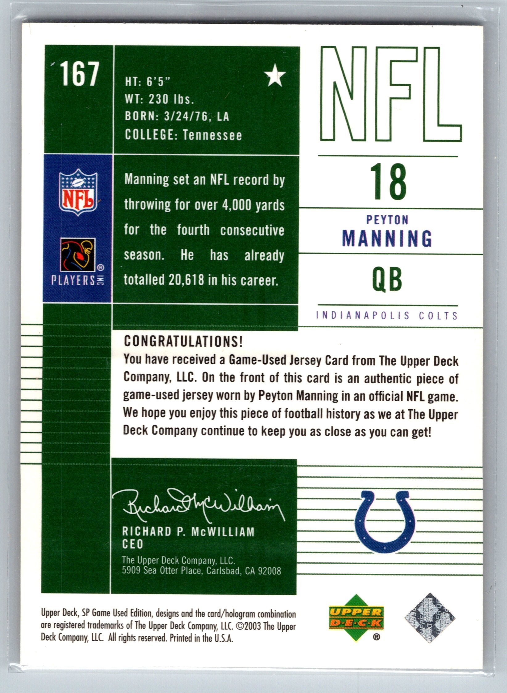 2003 Upper Deck Peyton Manning Game-Used Jersey Card #167