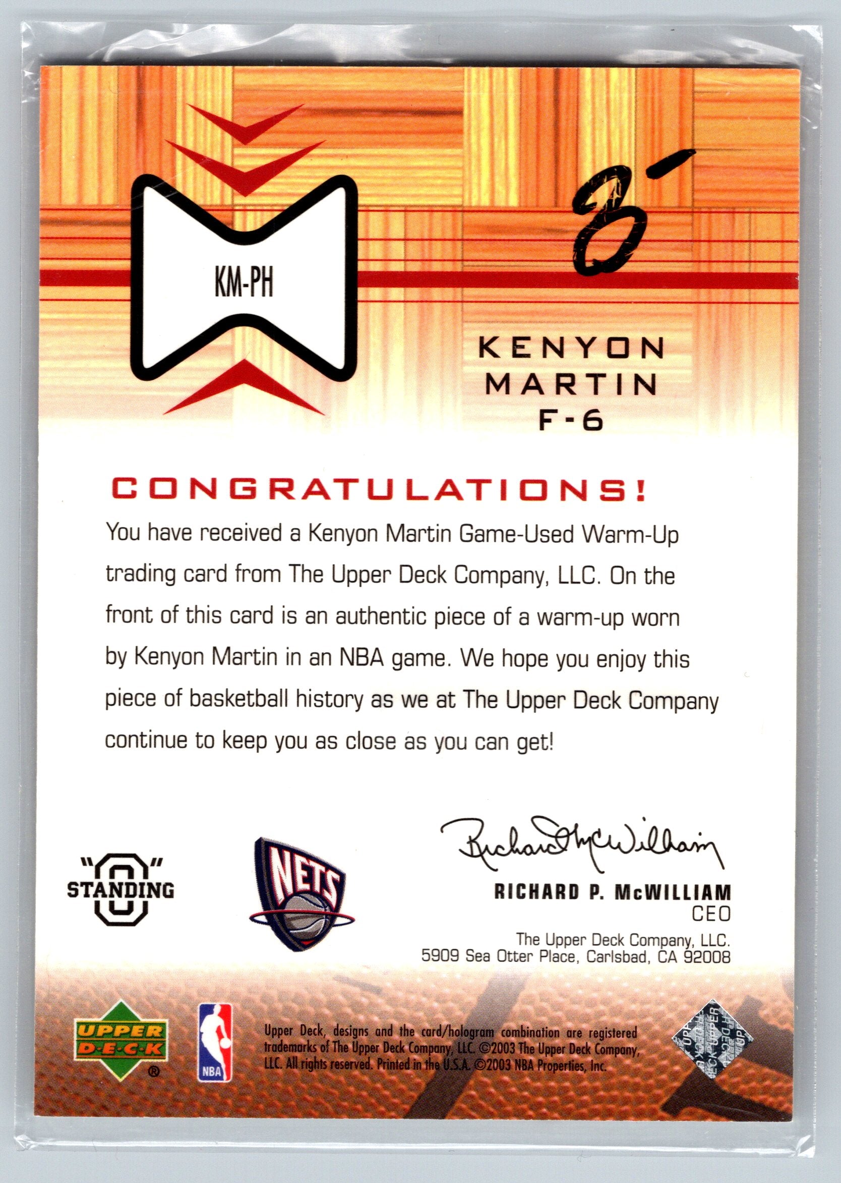 2003 Upper Deck Kenyon Martin Game-Worn Warm Up Patch Card #KM-PH