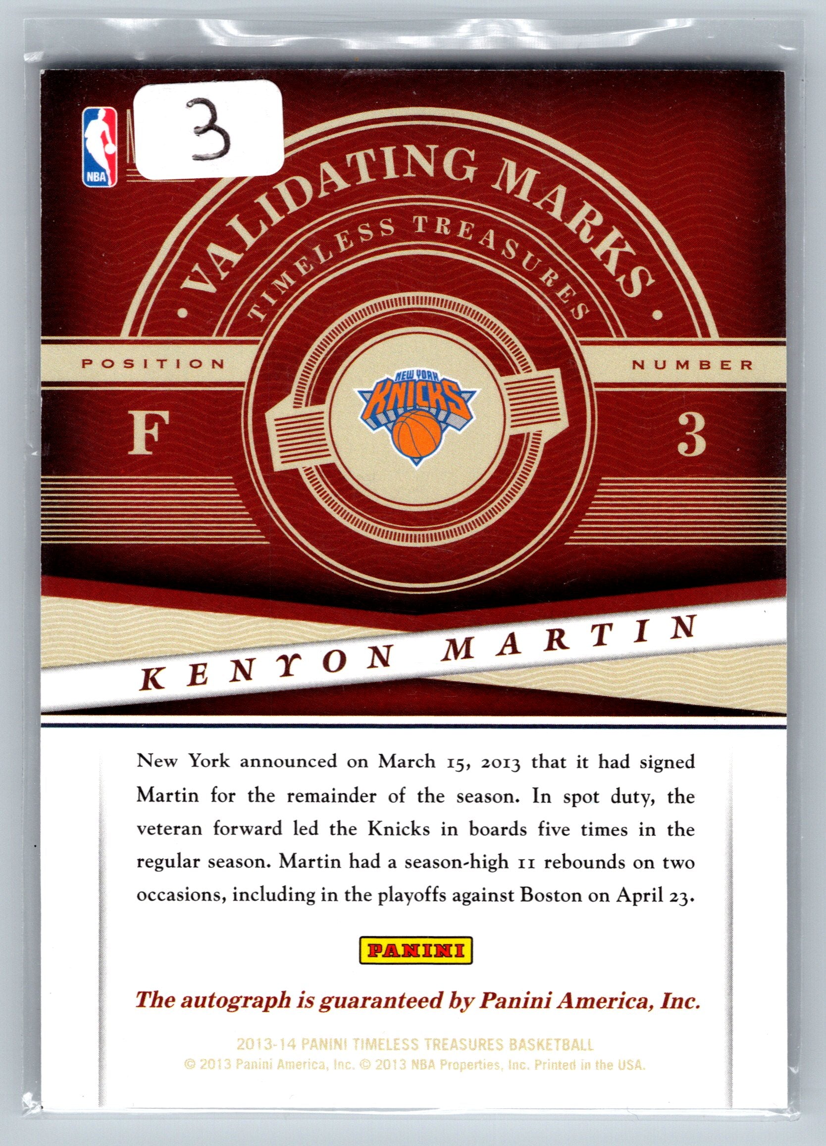 2013 Panini Timeless Treasures Kenyon Martin Autograph #2