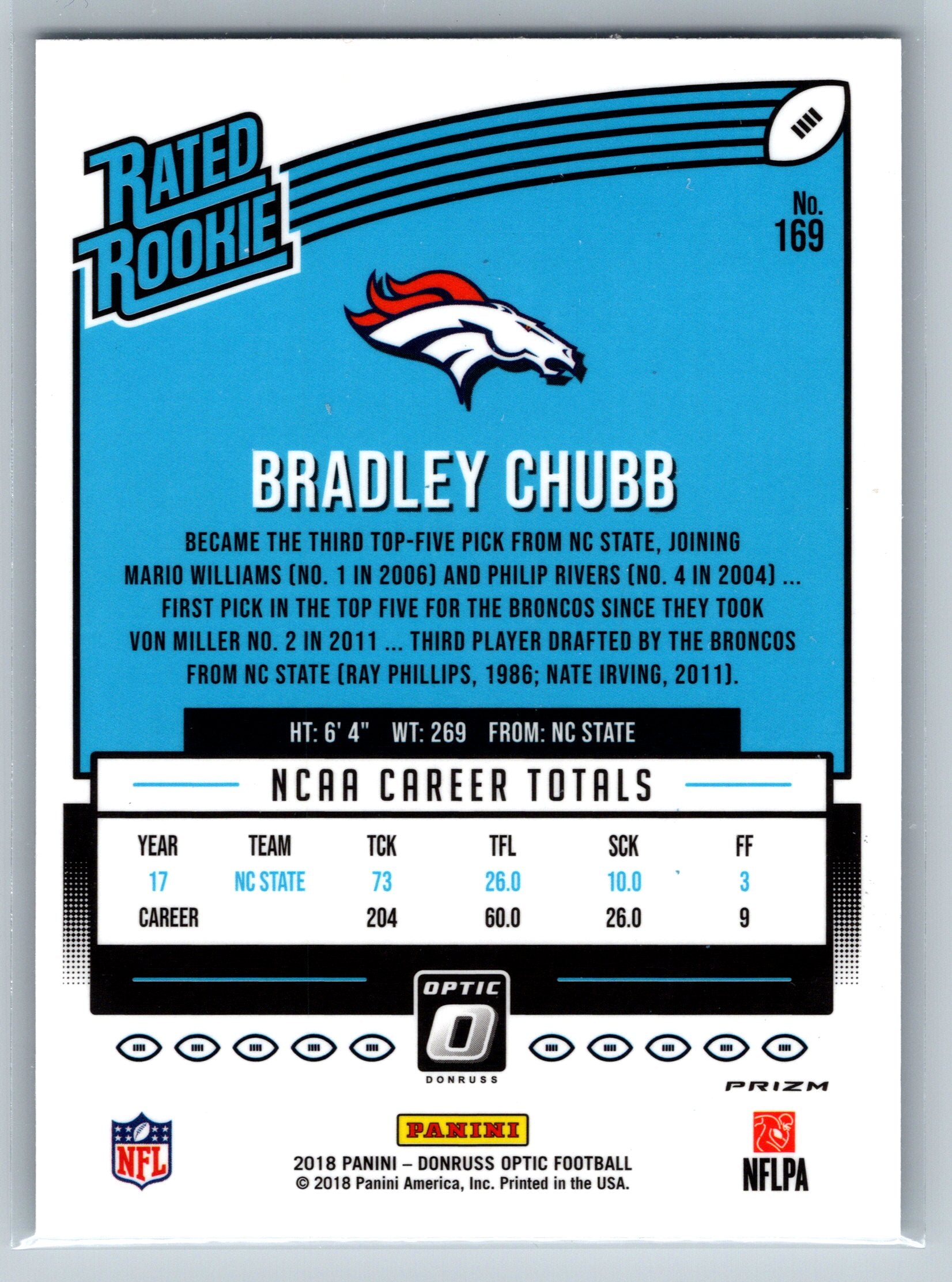 2018 Panini Optic Bradley Chubb Holo Rated Rookie Card #169