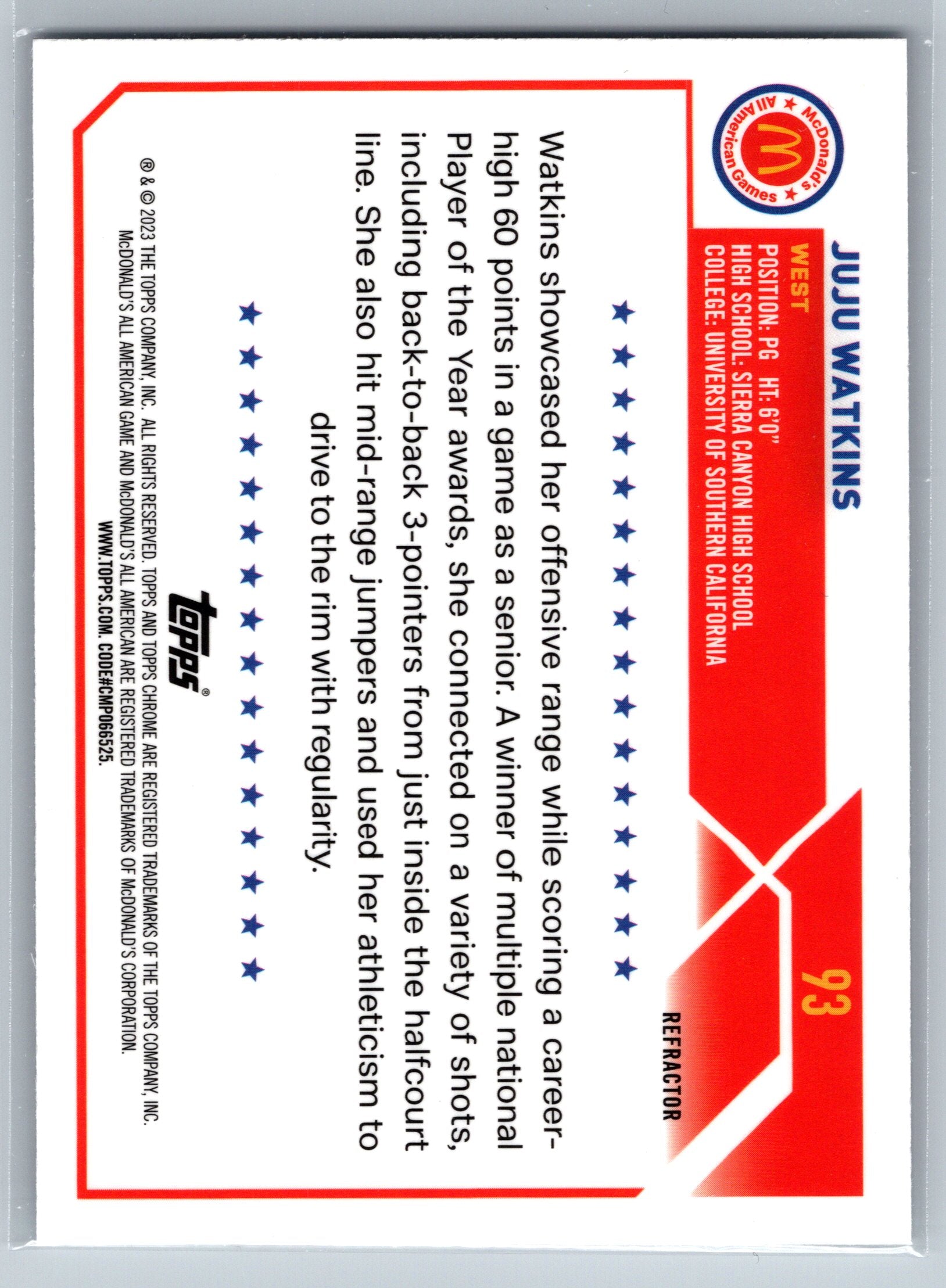 2023 Topps McDonalds All American Juju Watkins Silver #93