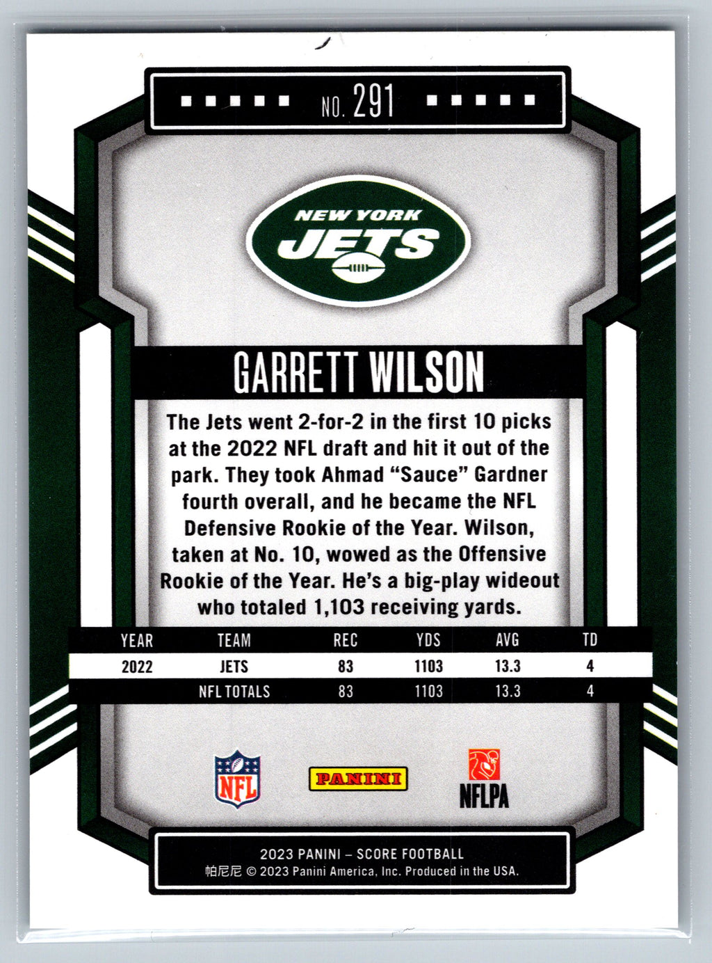 2023 Panini Score Garrett Wilson Green Lazer /115 #291