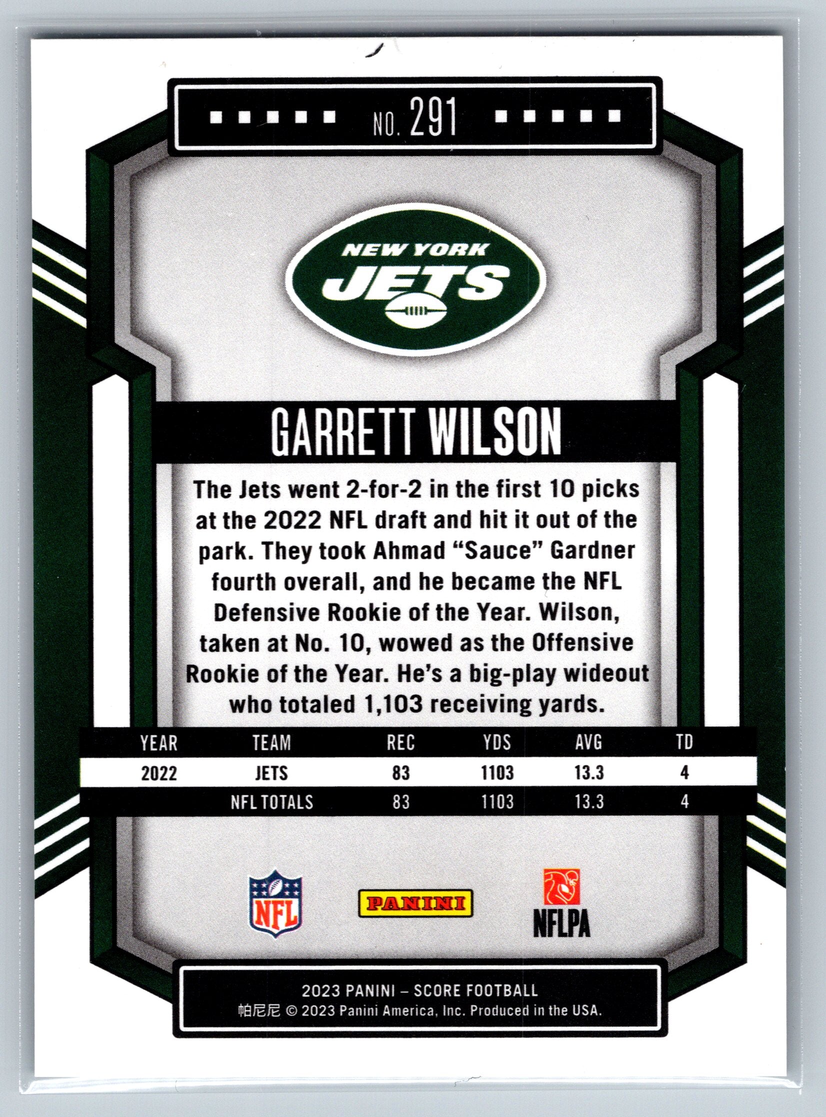 2023 Panini Score Garrett Wilson Green Lazer /115 #291