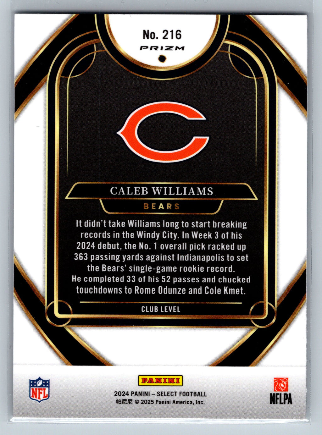 2024 Panini Select Caleb Williams Green Black Shock Club Level Rookie Card #216