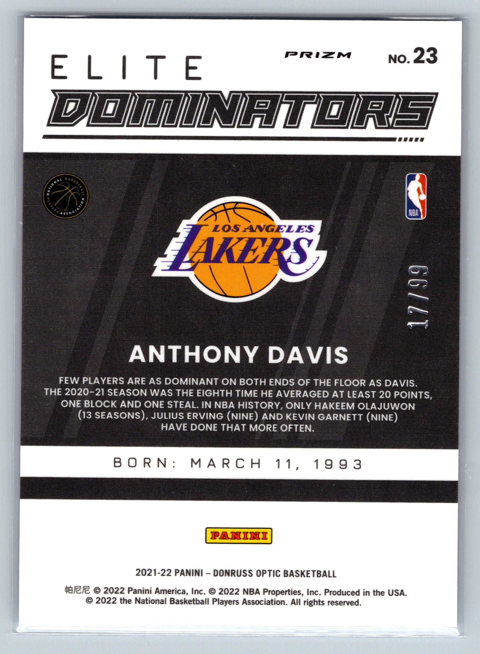 2021 Panini Optic Anthony Davis Holo Dominators /99 #23