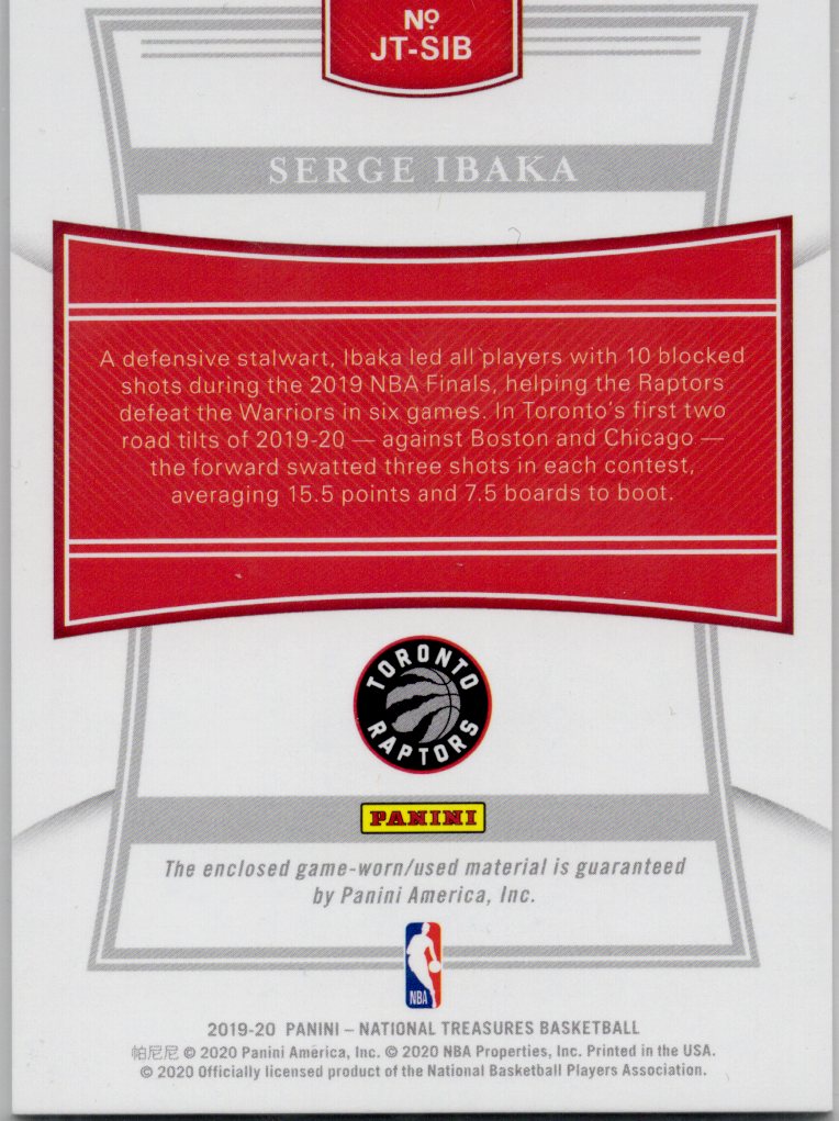2019 Panini National Treasures Serge Ibaka Game-Worn Jersey Patch Card /99 #JT-SIB