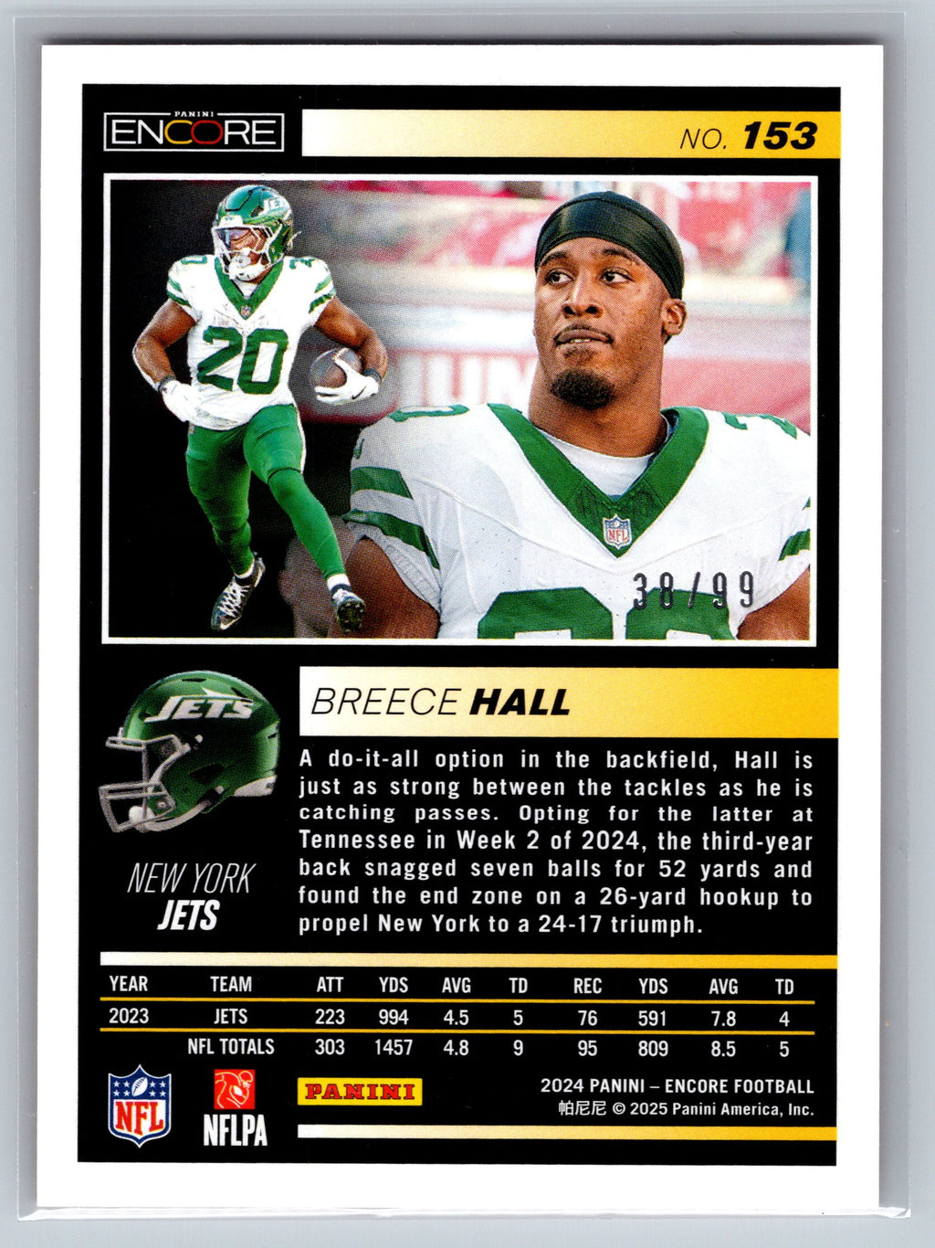 2024 Panini Score Breece Hall Orange /99 #153