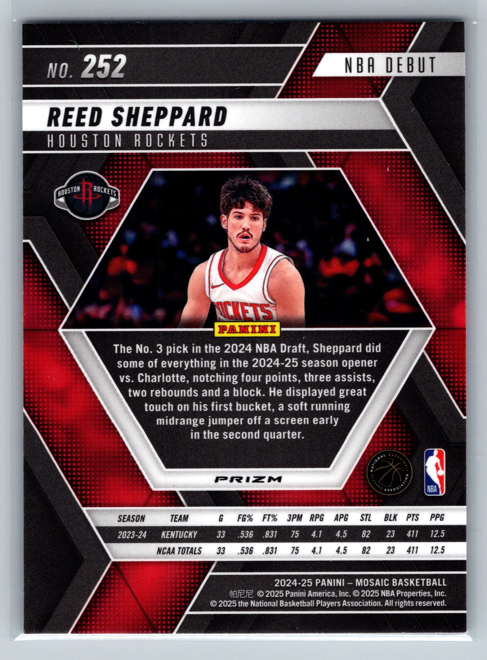 2024 Panini Mosaic Reed Sheppard Green NBA Debut Rookie Card #252