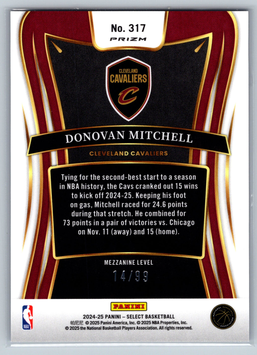2024 Panini Select Donovan Mitchell Blue Flash Mezzanine Level /99 #317