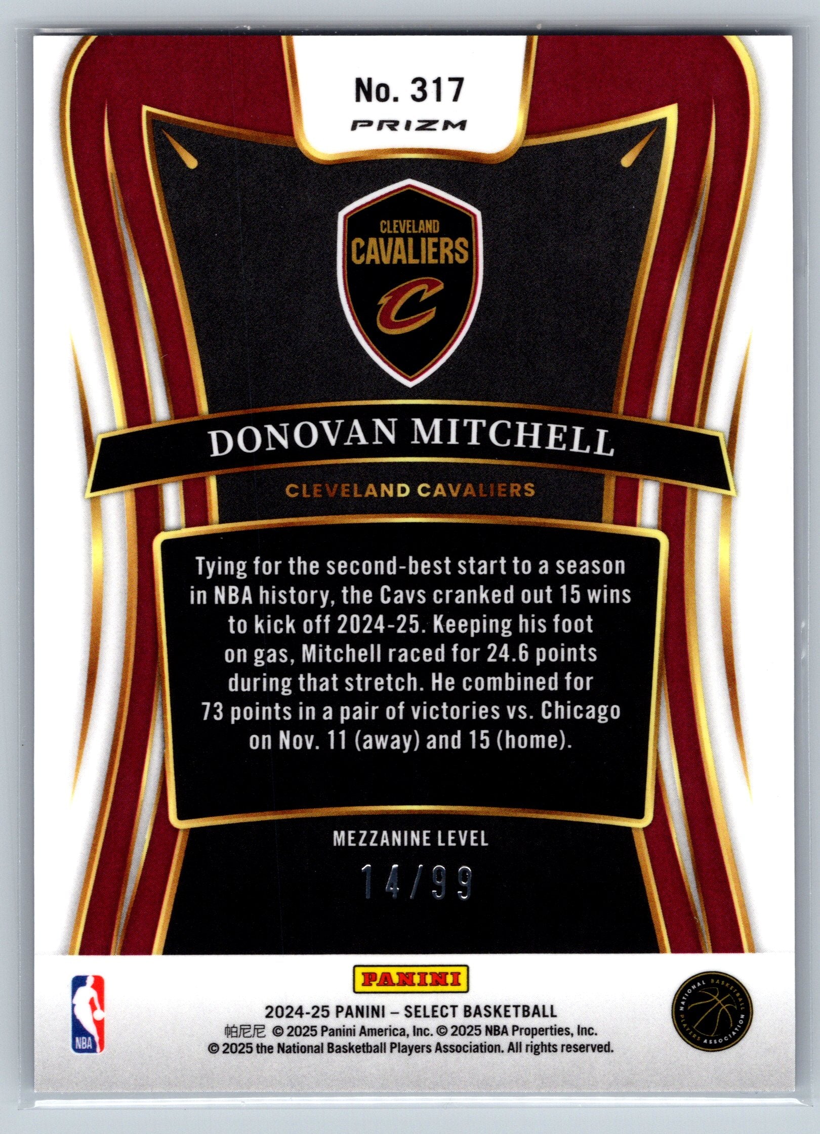 2024 Panini Select Donovan Mitchell Blue Flash Mezzanine Level /99 #317