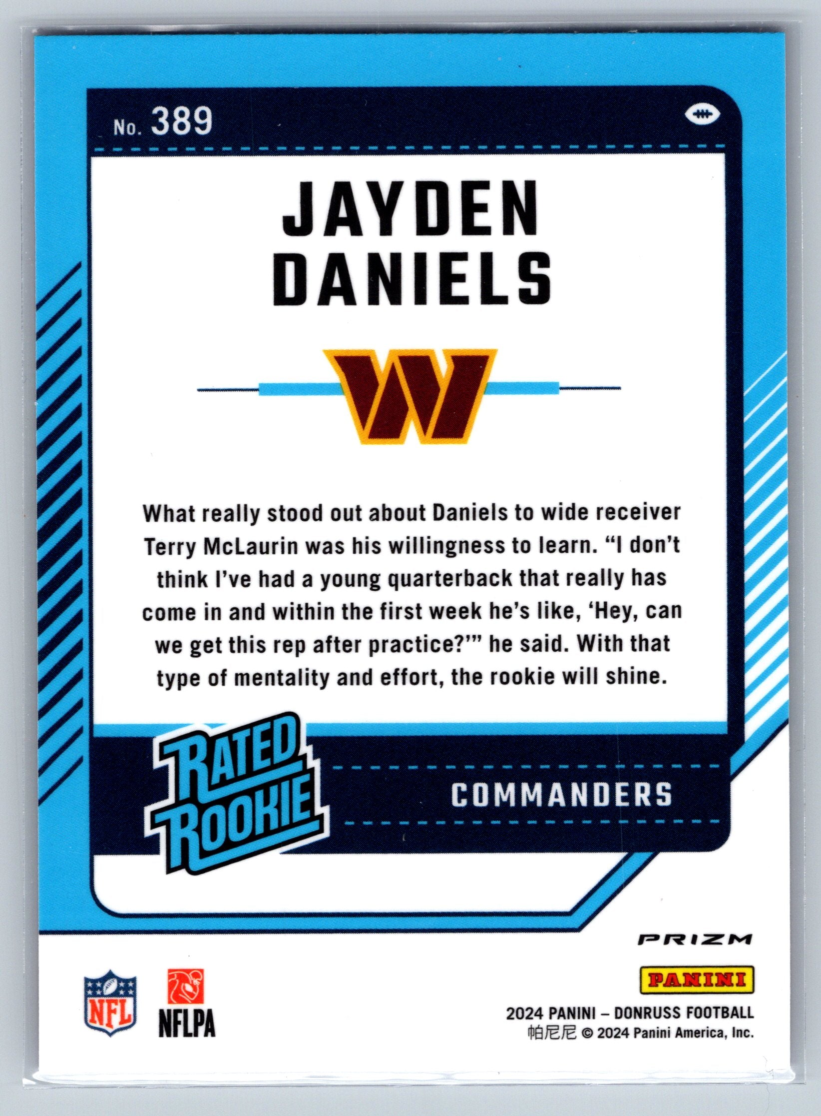 2024 Panini Donruss Jayden Daniels Pink Optic Preview Rated Rookie Card #389