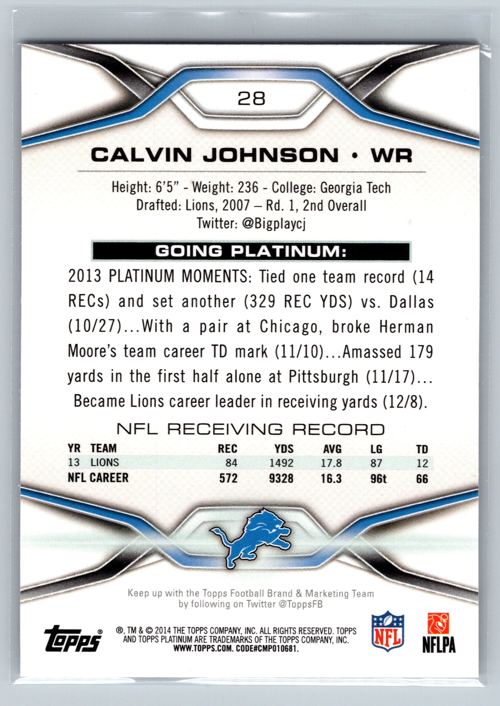 2014 Topps Platinum Calvin Johnson Silver #28
