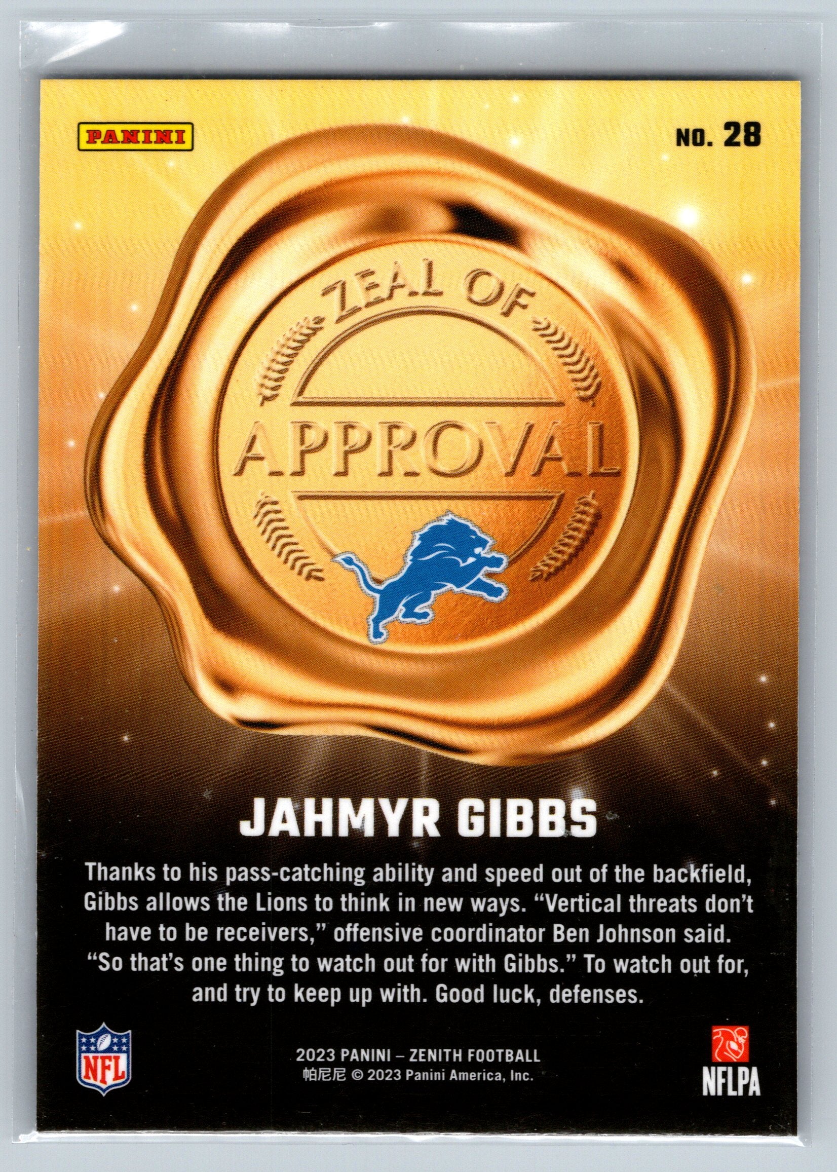 2023 Panini Zenith Jahmyr Gibbs Zeal of Approval Rookie Card #28