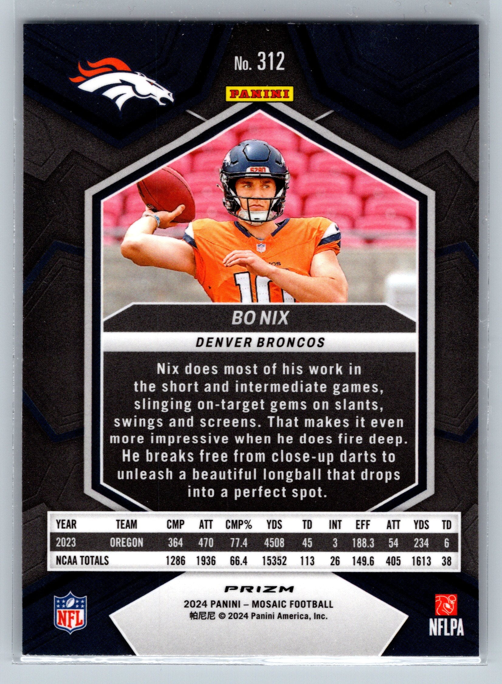 2024 Panini Mosaic Bo Nix Mosaic Rookie Card #312
