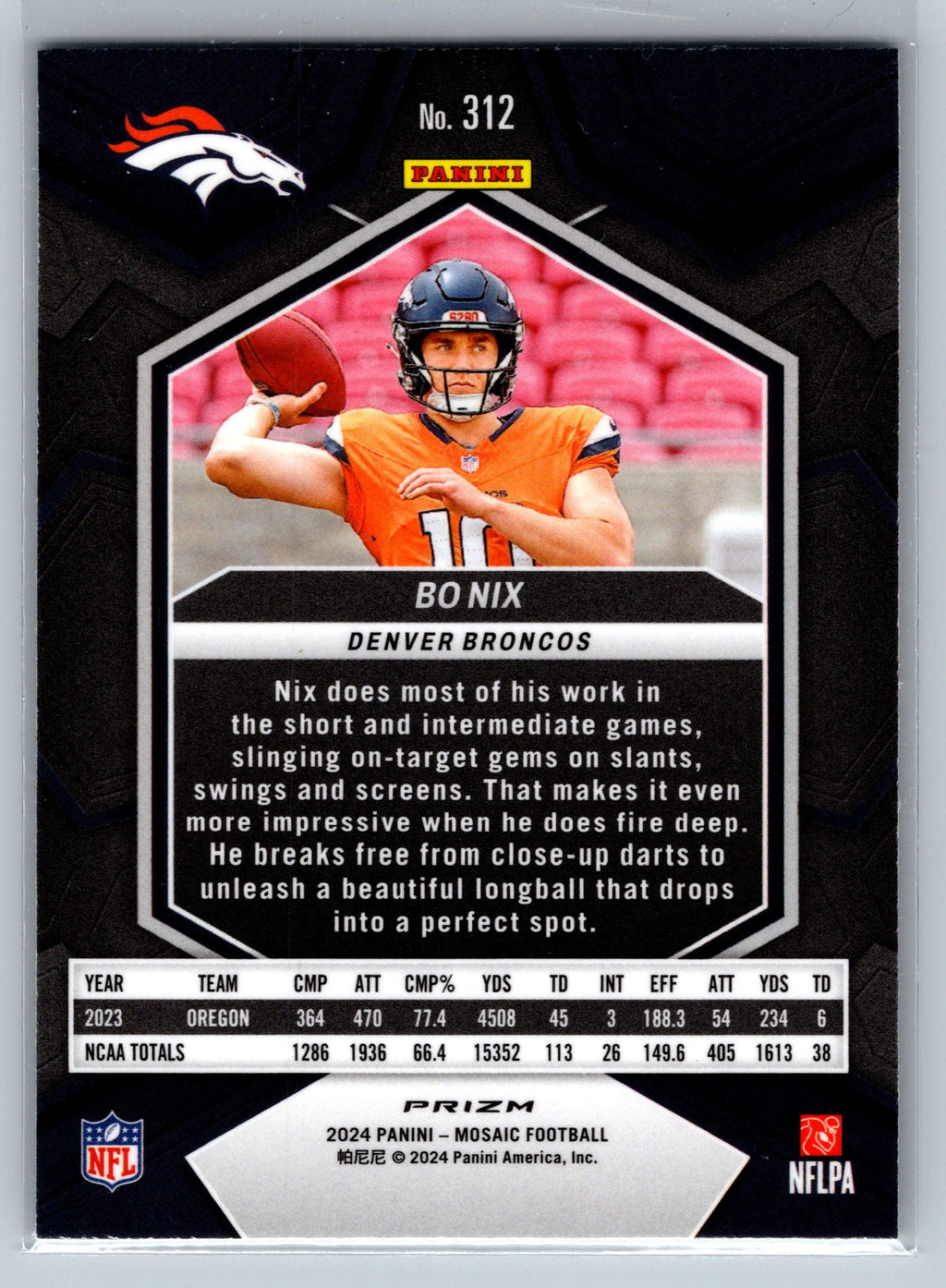 2024 Panini Mosaic Bo Nix Green Rookie Card #312