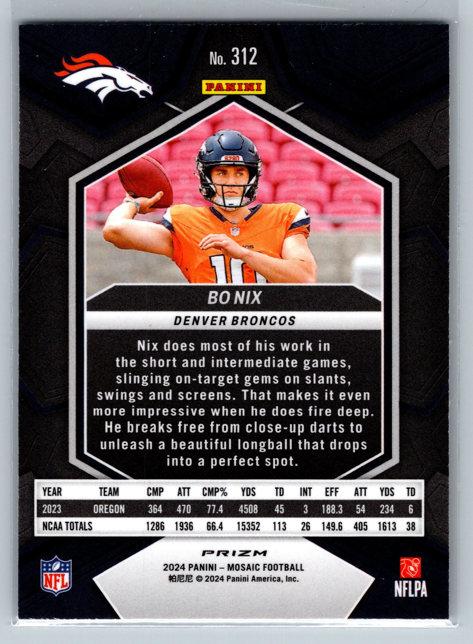 2024 Panini Mosaic Bo Nix Green Rookie Card #312