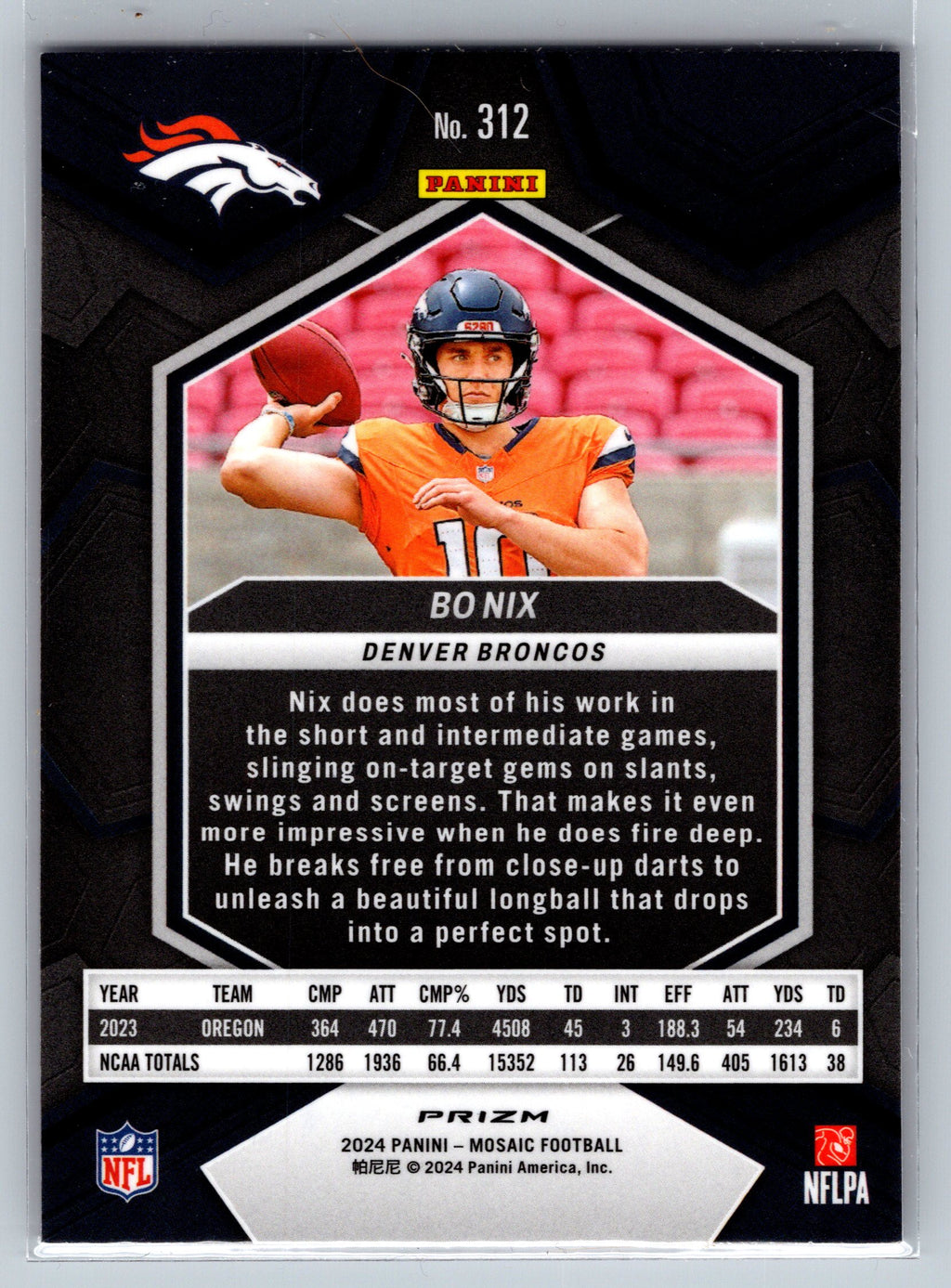 2024 Panini Mosaic Bo Nix Pink Camo Rookie Card #312