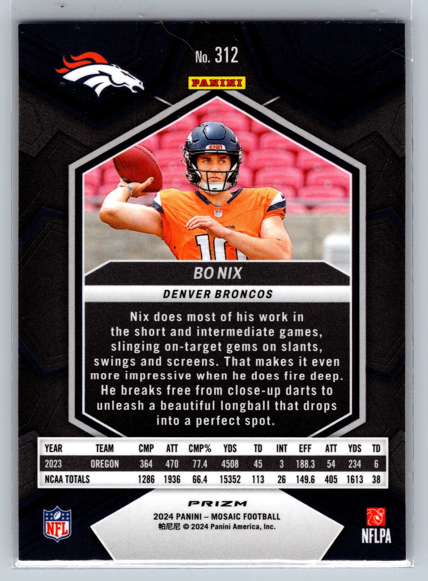 2024 Panini Mosaic Bo Nix Pink Camo Rookie Card #312