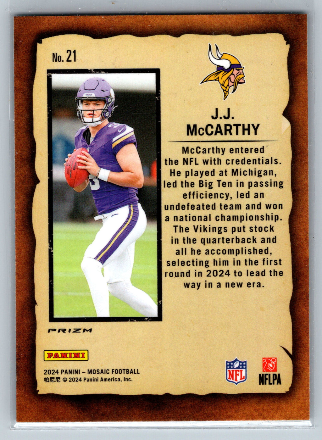 2024 Panini Mosaic JJ McCarthy Green Notoriety Rookie Card #21