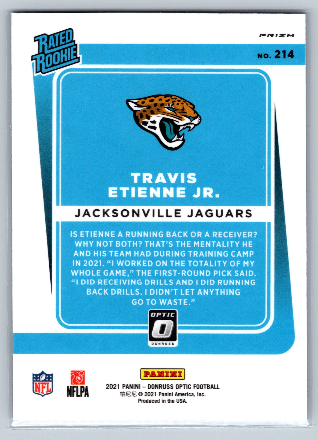 2021 Panini Optic Travis Etienne Jr. Blue Hyper Rated Rookie Card #214
