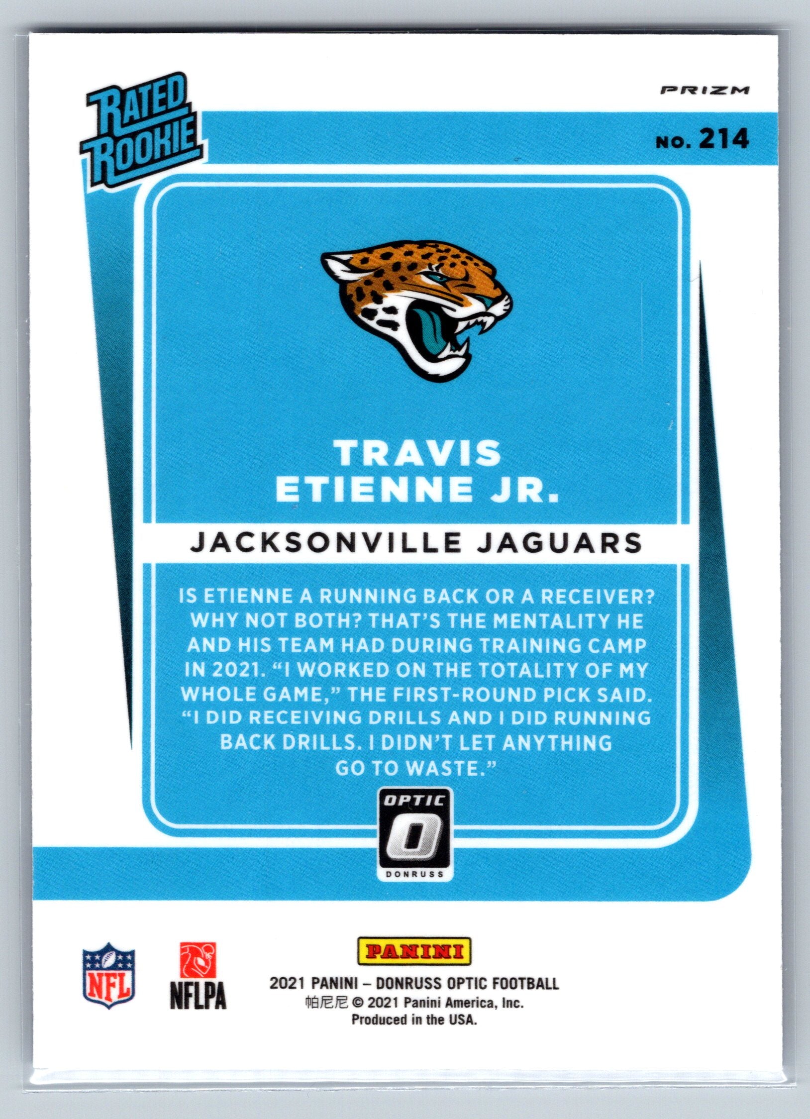 2021 Panini Optic Travis Etienne Jr. Blue Hyper Rated Rookie Card #214