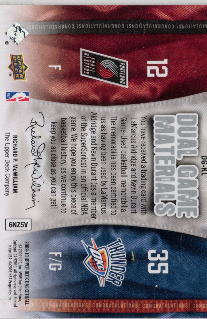 2009 Upper Deck Dual Game Materials Kevin Durant LaMarcus Aldridge Game-Worn Patch Card #DG-KL