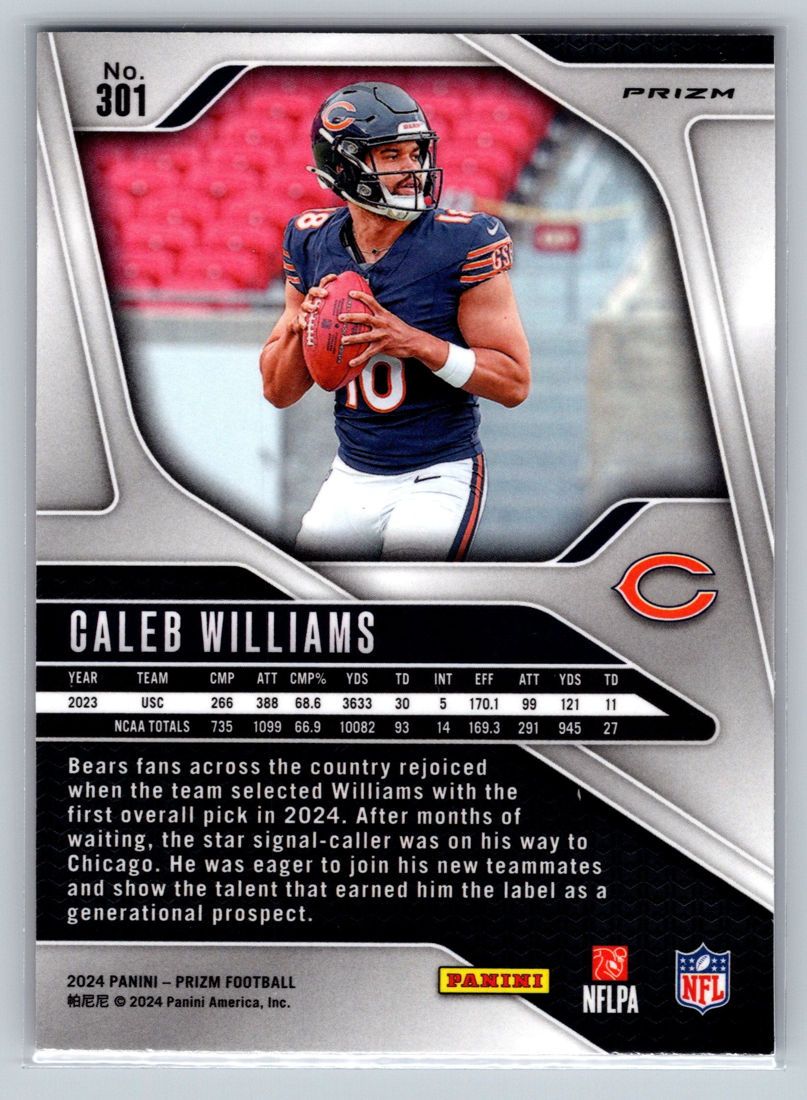 2024 Panini Prizm Caleb Williams Lazer Rookie Card #301