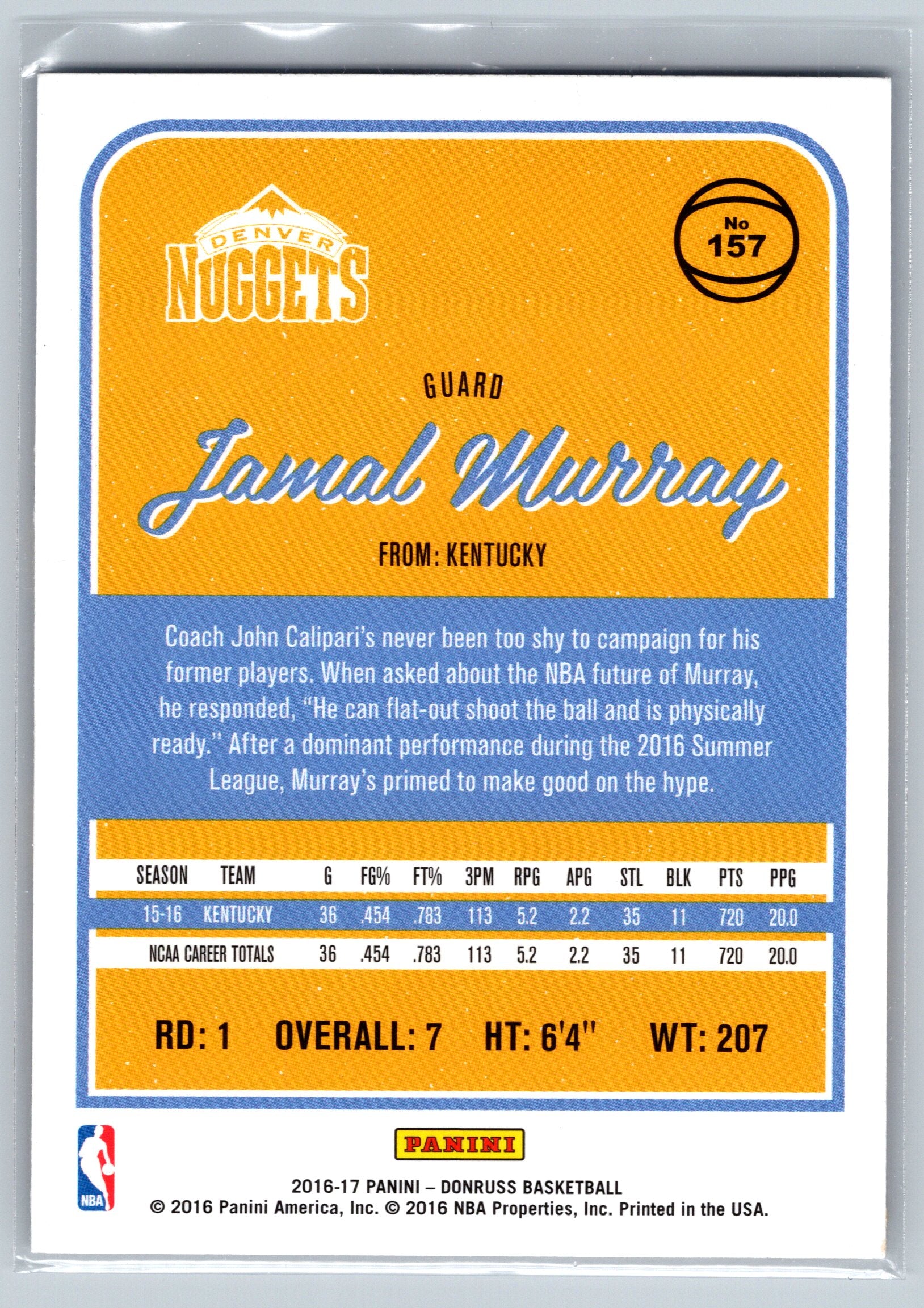 2016 Panini Donruss Jamal Murray Rookie Card #157