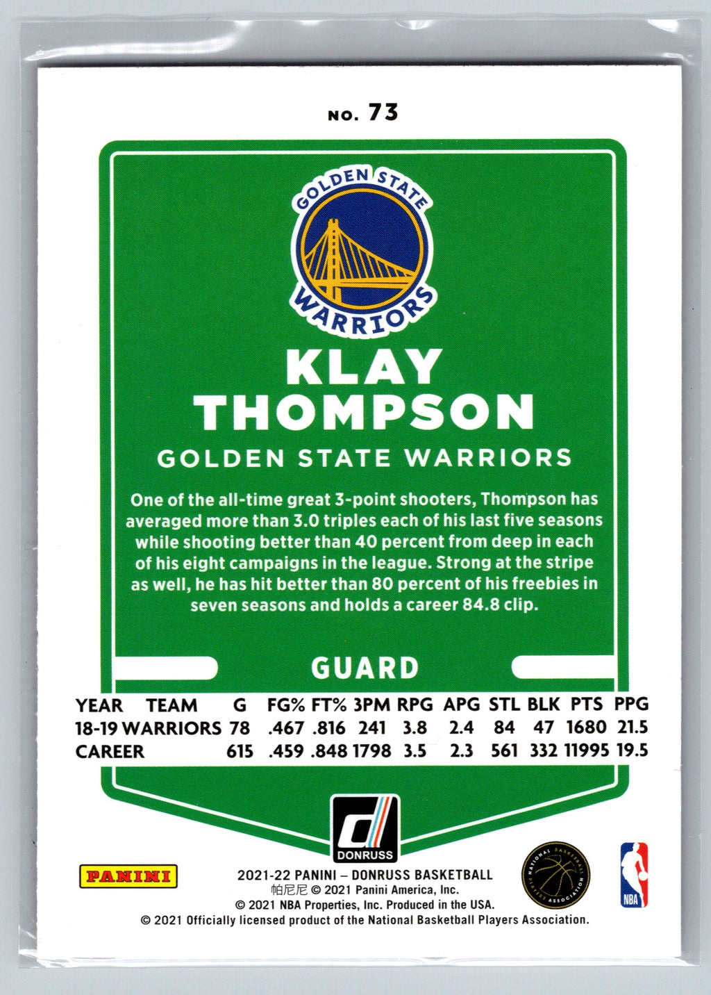 2021 Panini Donruss Klay Thompson Orange Lazer #73