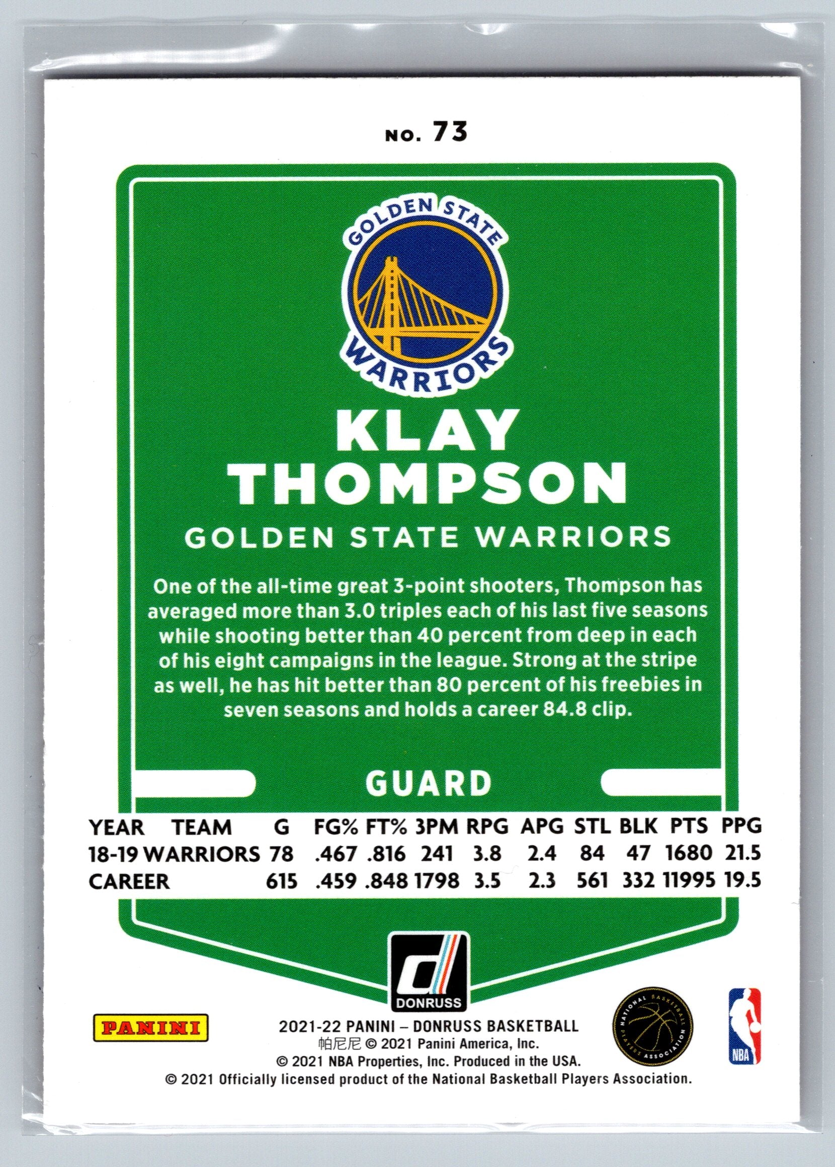2021 Panini Donruss Klay Thompson Orange Lazer #73
