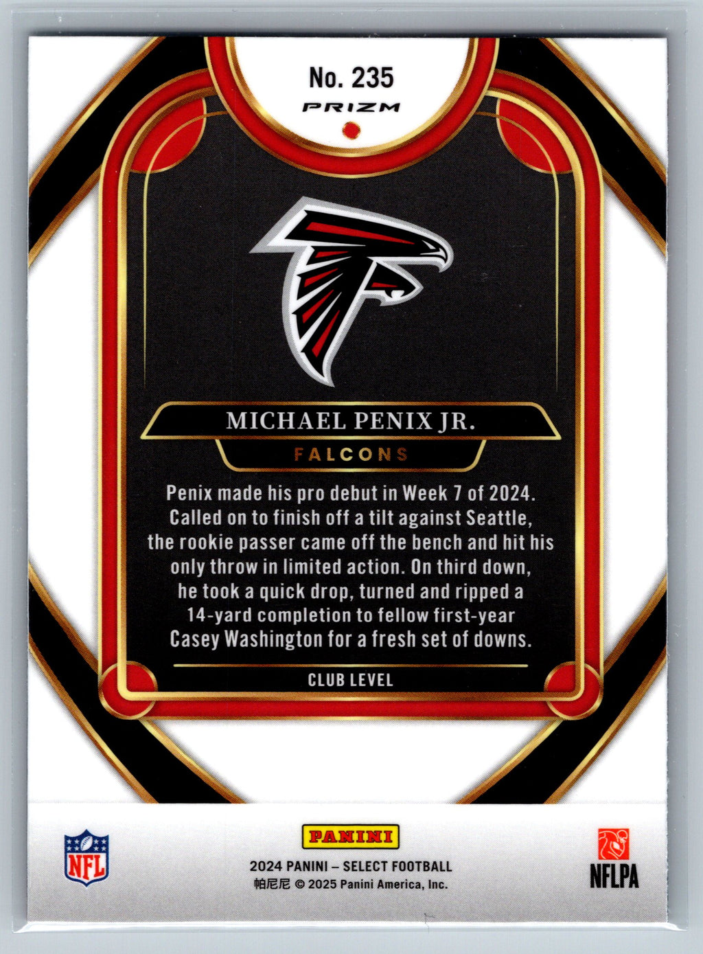 2024 Panini Select Mihael Penix Jr. Black Gold Club Level Rookie Card #235