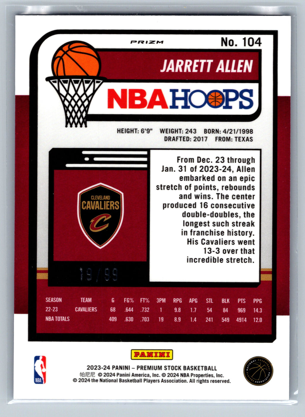 2023 Panini NBA Hoops Jarrett Allen Blue Seismic /99 #104
