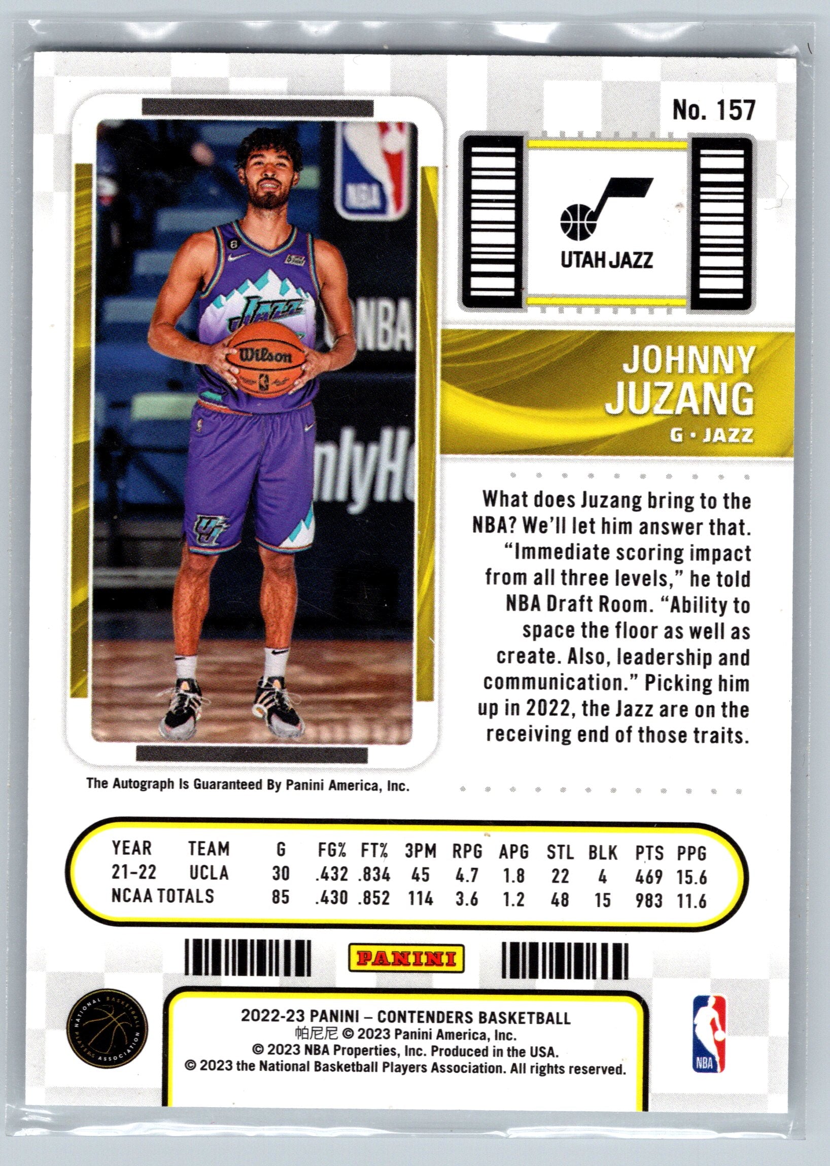 2022 Panini Contenders Johnny Juzang Rookie Ticket Autograph #157