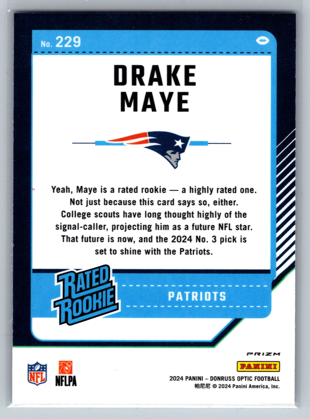 2024 Panini Optic Drake Maye Purple Shock Rookie Card #229