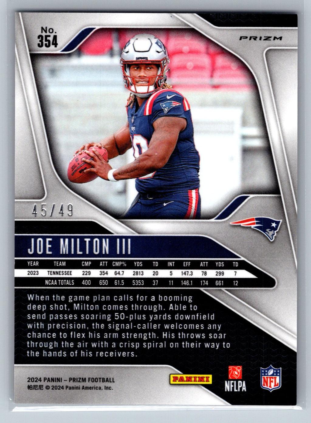 2024 Panini Prizm Joe Milton III Purple Power Rookie Card /49 #354