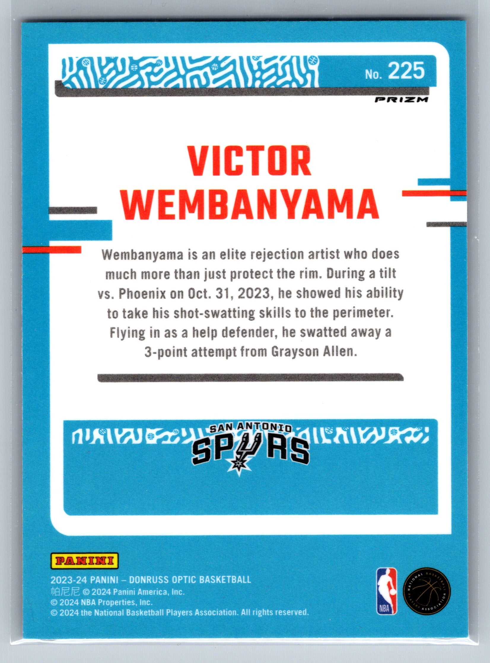2023 Panini Optic Victor Wembanyama Purple Rookie Card #225
