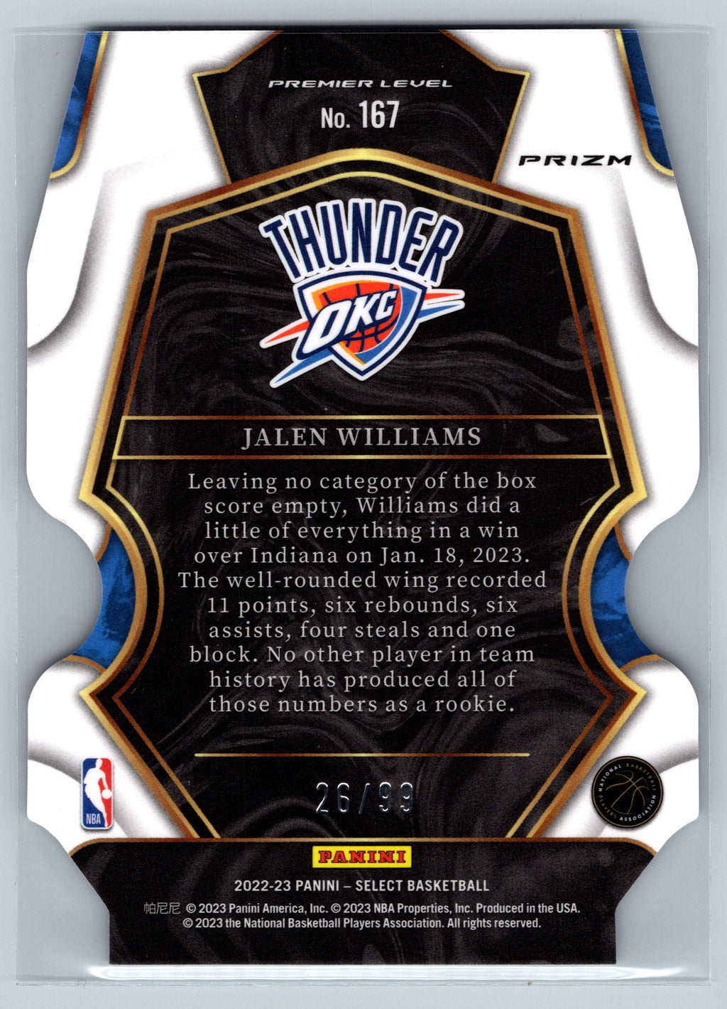 2022 Panini Select Jalen Williams Purple Premier Level Die Cut Rookie Card /99 #167