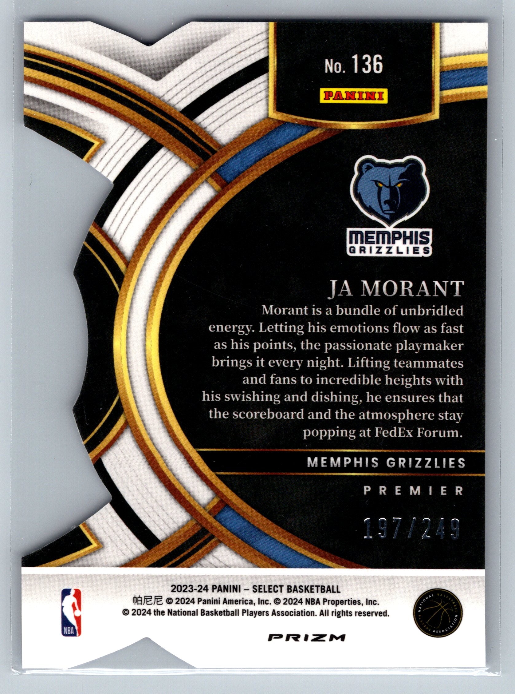 2023 Panini Select Ja Morant Premier Level Die Cut /249 #136