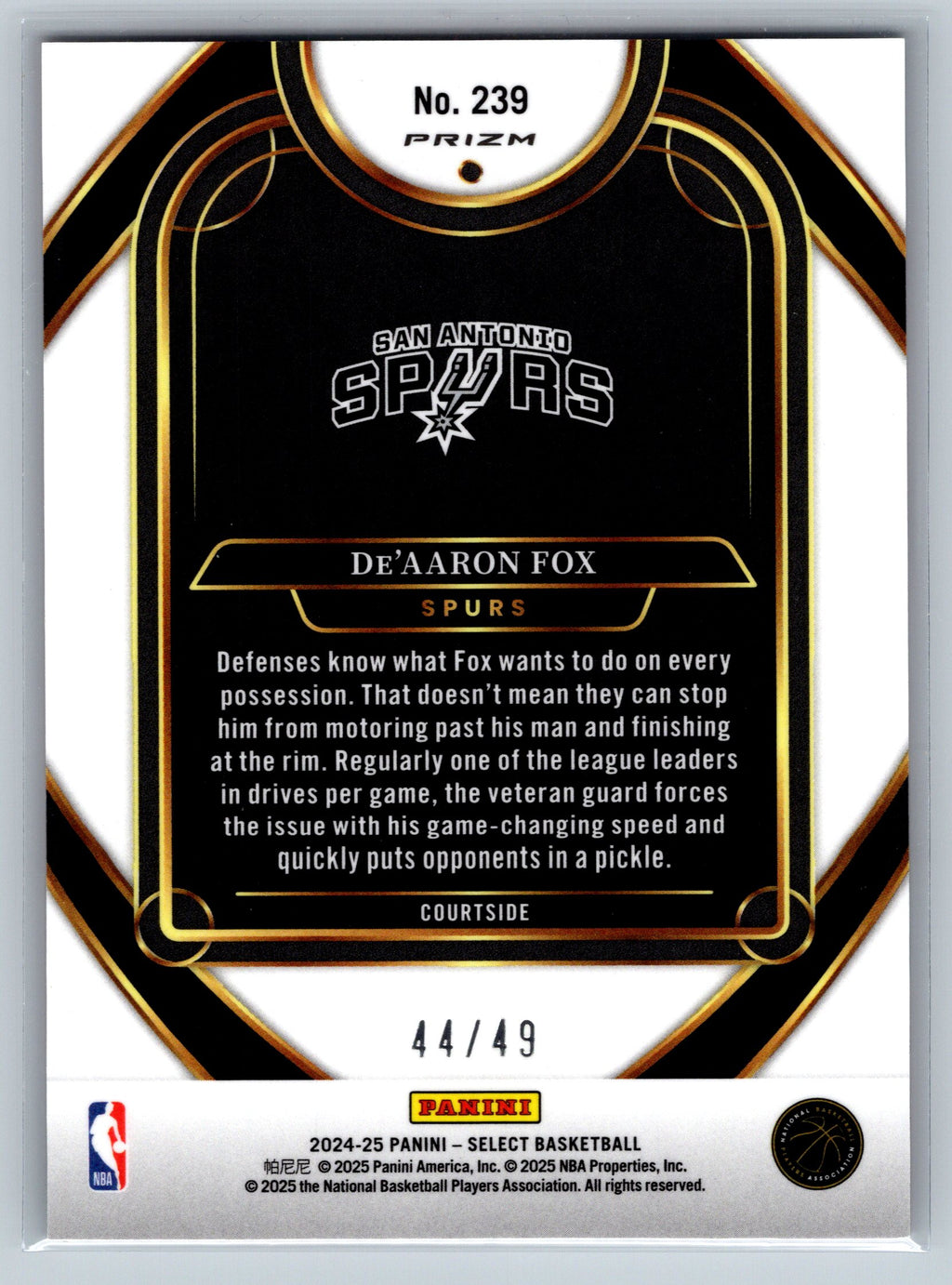 2023 Pamini Select De'Aaron Fox Fast Break Courtside /49 #239
