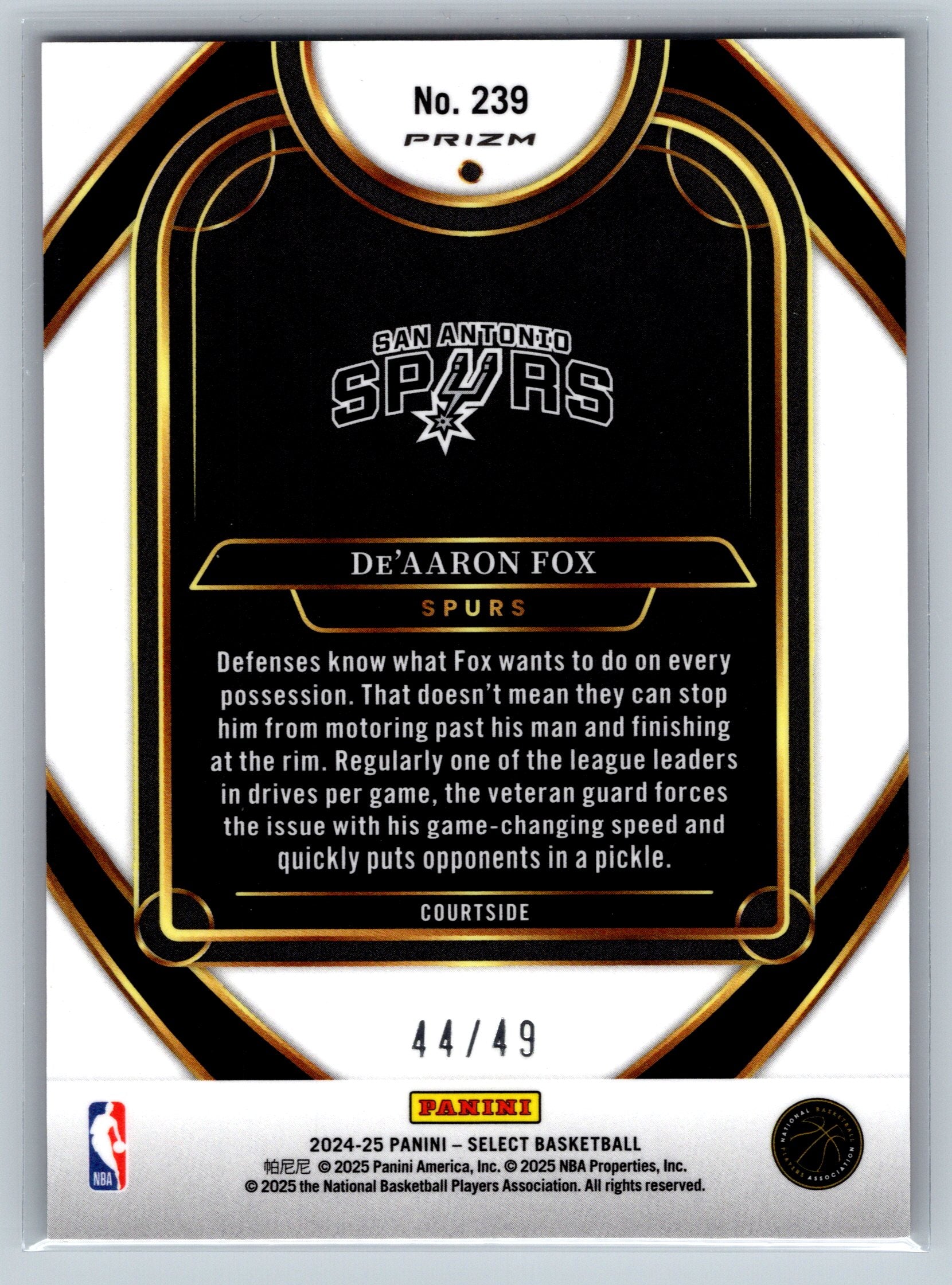 2023 Pamini Select De'Aaron Fox Fast Break Courtside /49 #239
