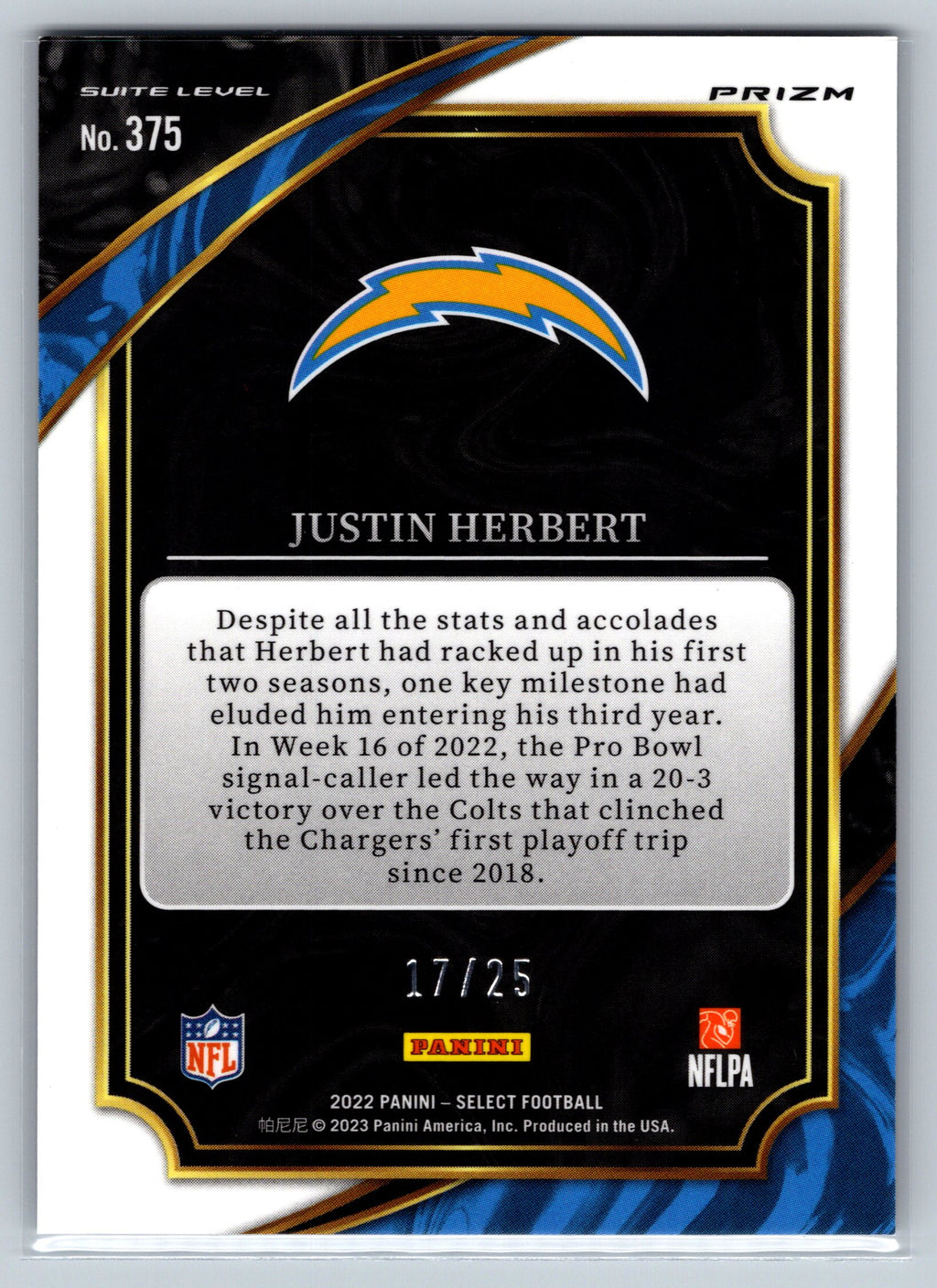 2022 Panini Select Justin Herbert Suite Level Tie-Die /25 #375