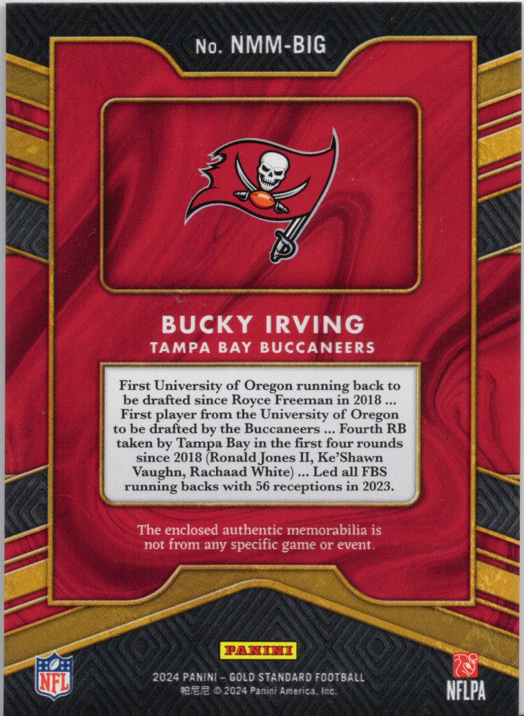 2024 Panini Gold Standard Bucky Irving 3 Color Rookie Patch /75 #NMM-BIG