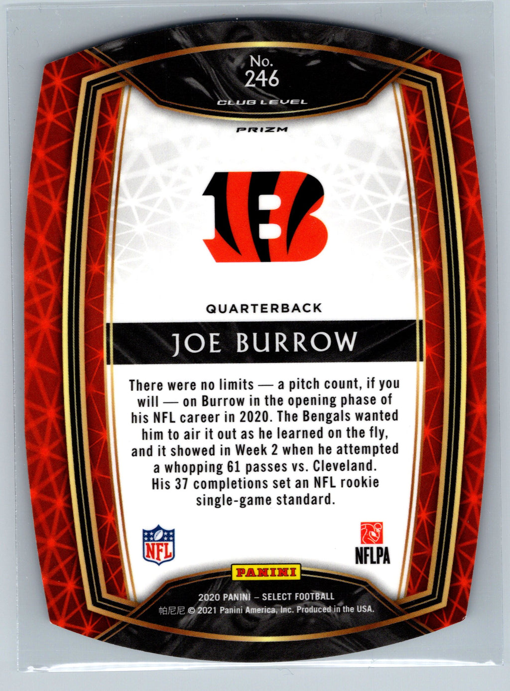 2020 Panini Joe Burrow Tri-Colored Club Level Die-Cut Rookie Card #246