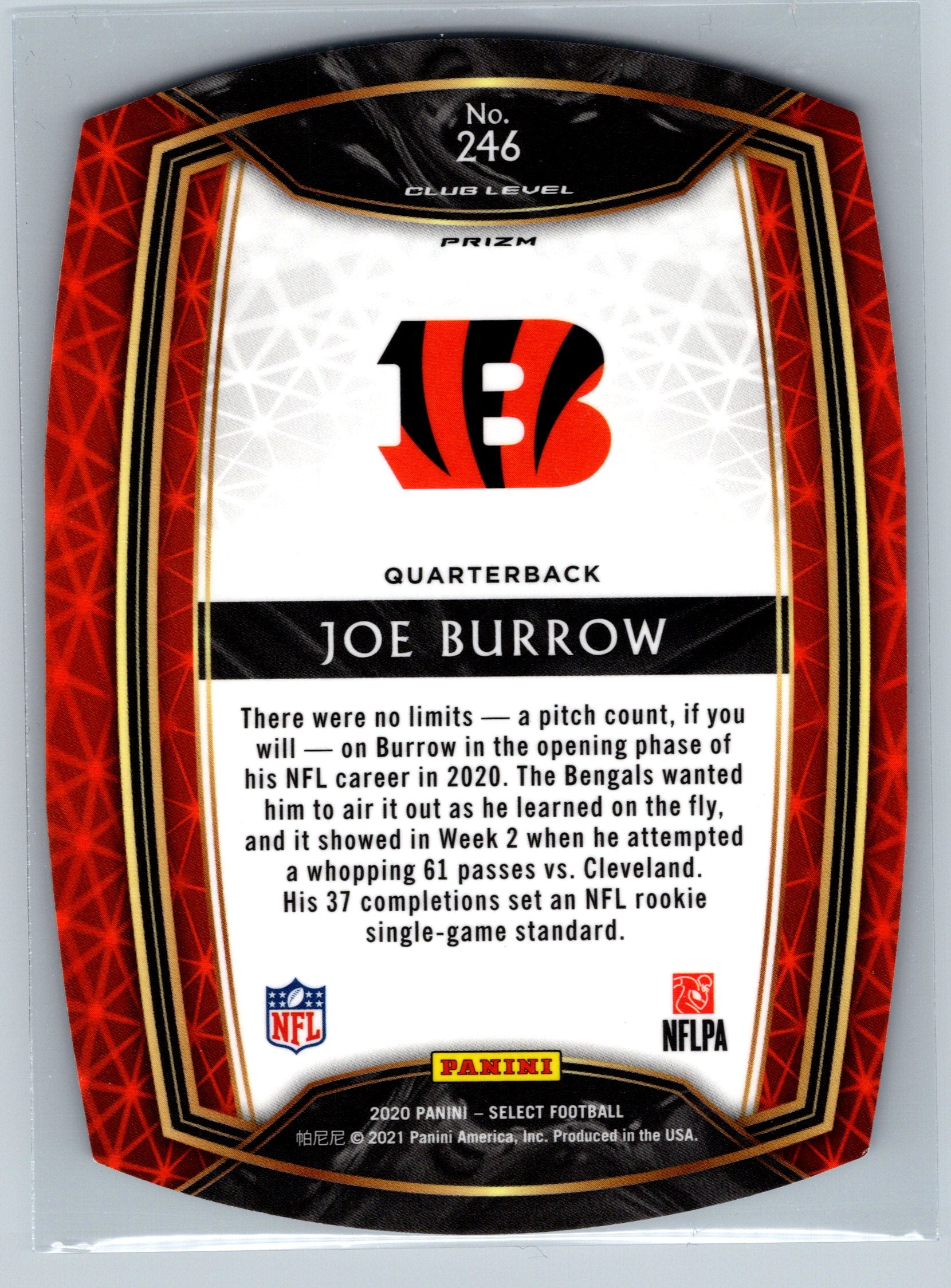 2020 Panini Joe Burrow Tri-Colored Club Level Die-Cut Rookie Card #246