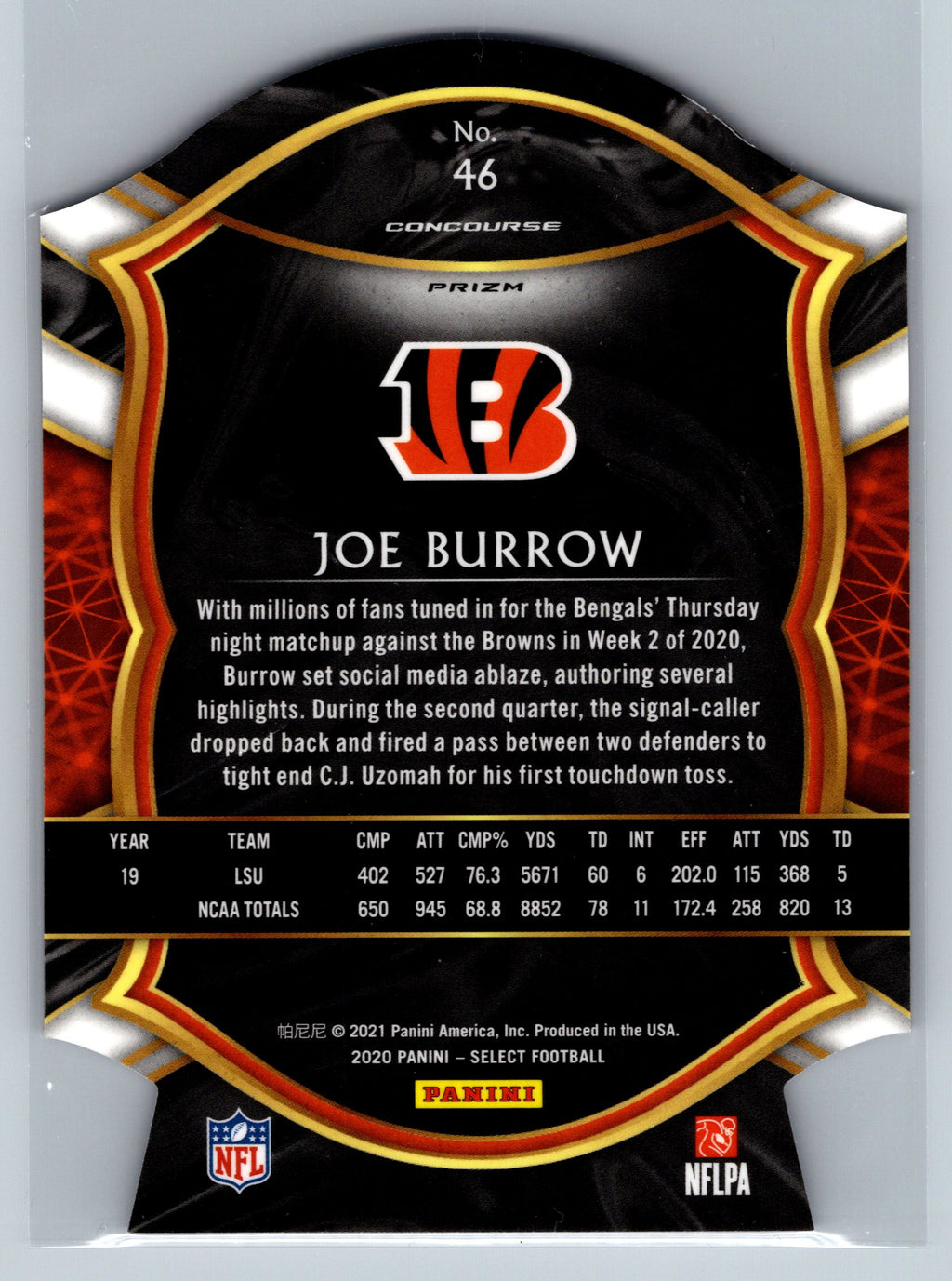 2020 Panini Select Joe Burrow Purple Die-Cut Concourse Level Rookie Card #46