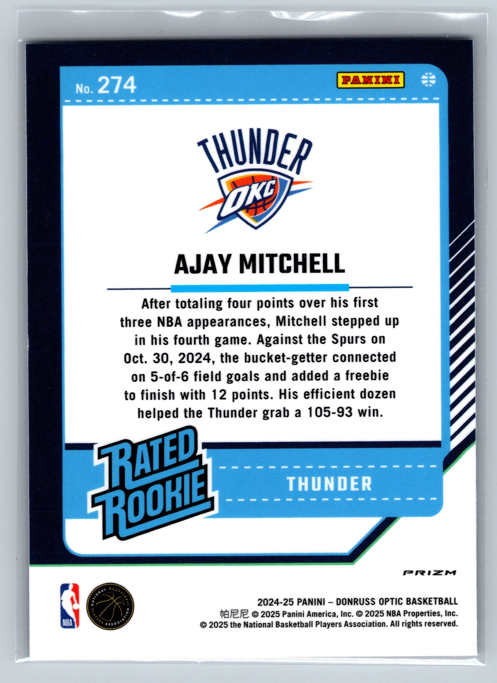 2024 Panini Optic Ajay Mitchell Purple Shock Rookie Card #274