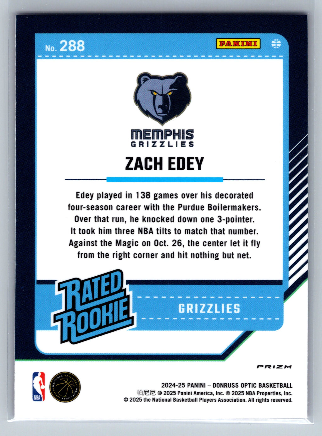 2024 Panini Optic Zach Edey Hyper Pink Rookie Card #288