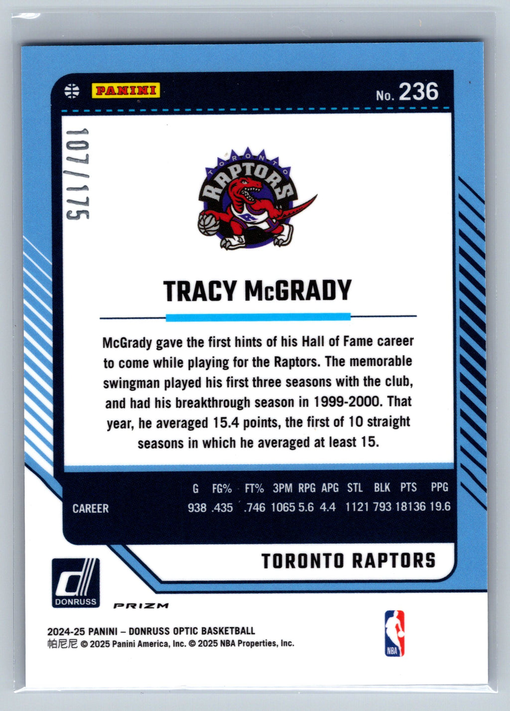 2024 Panini Optic Tracy McGrady Blue /175 #236