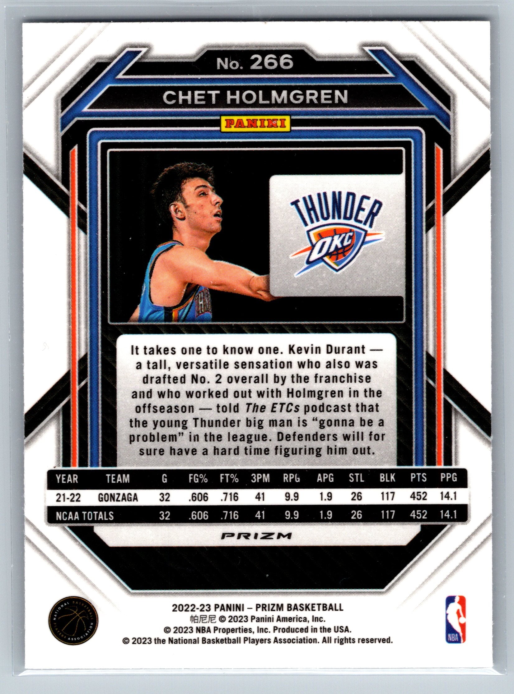 2022 Panini Prizm Chet Holmgren Silver Rookie Card #266