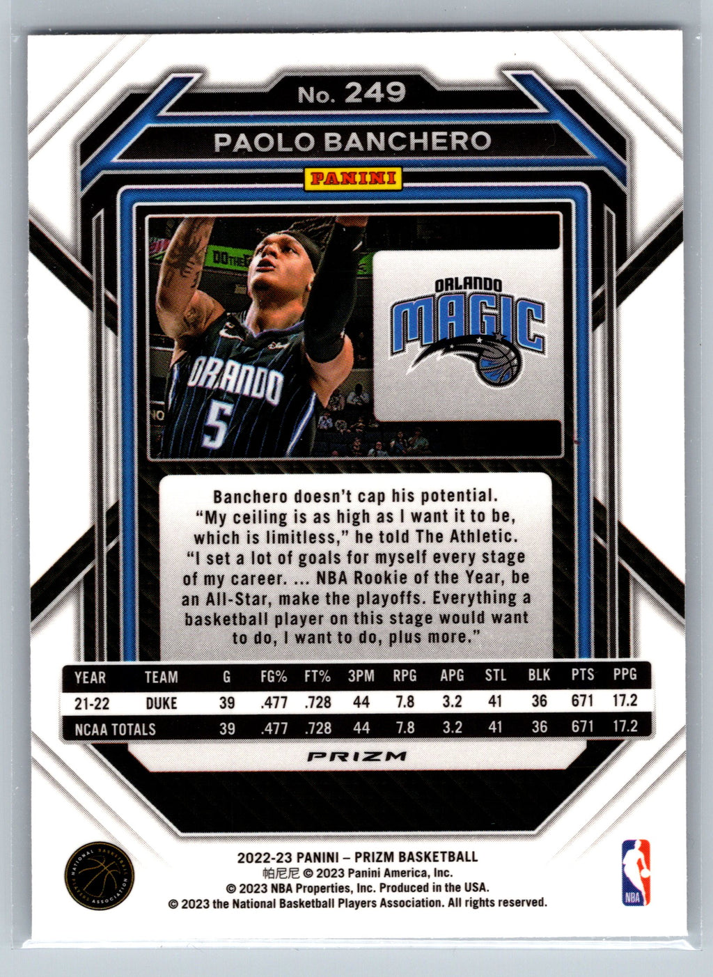 2022 Panini Prizm Paolo Bachero Silver Rookie Card #249